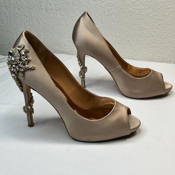 Badgley Mischka Royal Heels Jewel Embellished Satin Peep Toe Champagne 9 - Picture 7 of 16